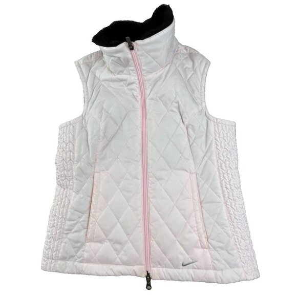 Nike Jackets & Blazers - Vintage Nike Quilted Vest Womens Small Pink Faux Fur Collar Running Full Zip Y2K